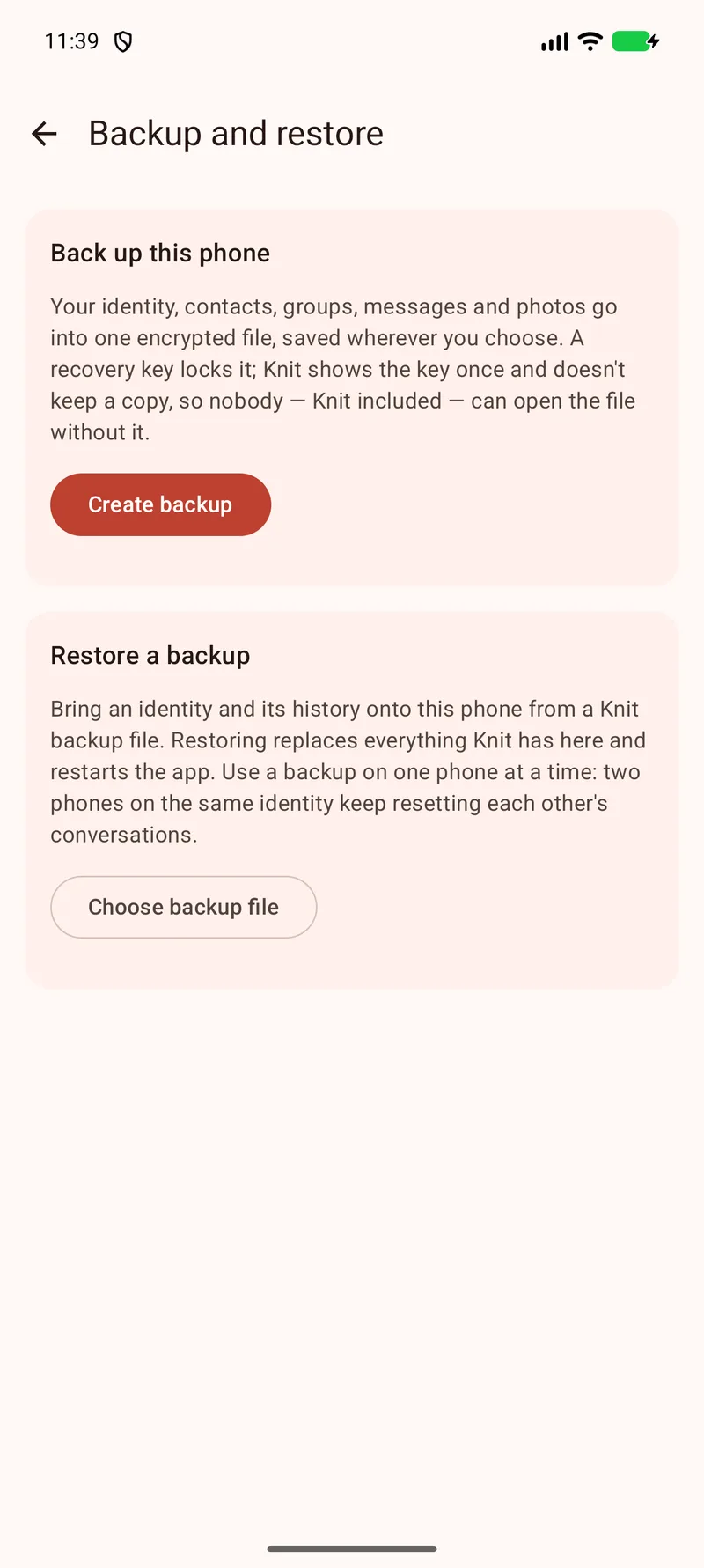 Knit's Backup and restore screen, with a Create backup button under Back up this phone and a Choose backup file button under Restore a backup.