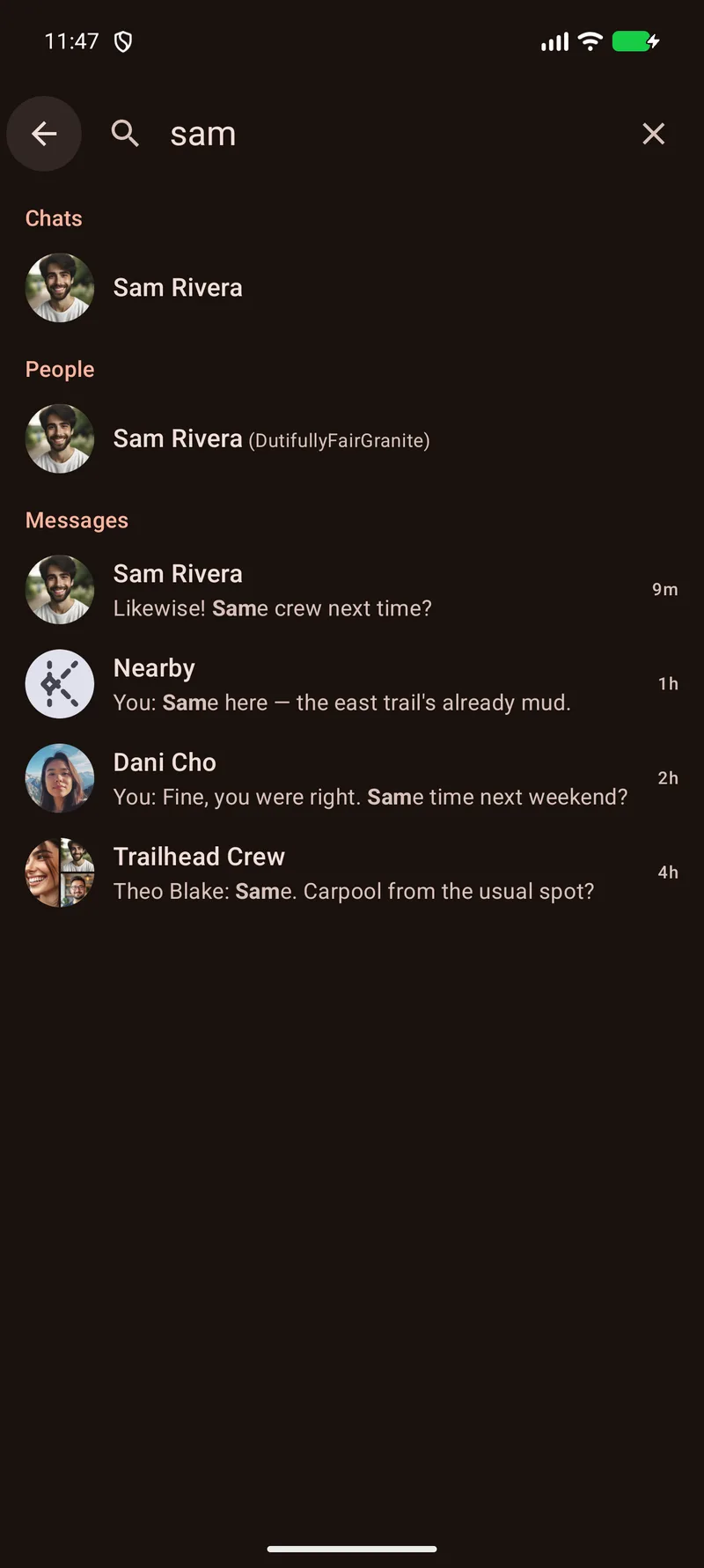 Knit search results for "sam": Sam Rivera's chat, Sam Rivera under People with the alias DutifullyFairGranite, and matching messages from two direct chats, the Nearby room and the Trailhead Crew group.