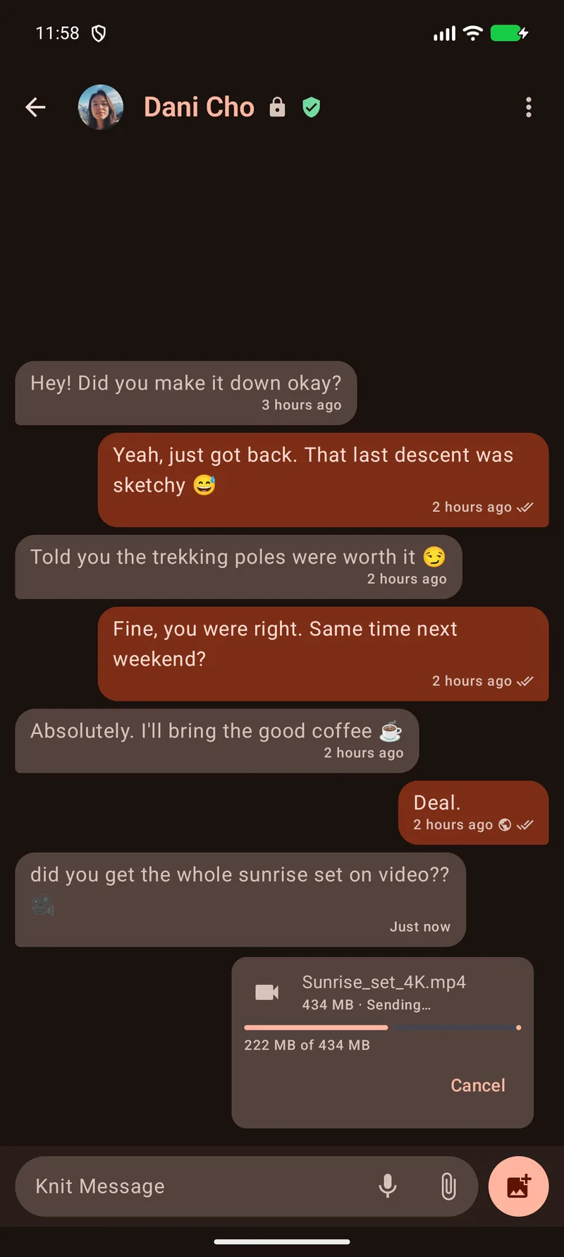 A verified Knit direct message with Dani Cho, sending Sunrise_set_4K.mp4 with Direct file send: a progress bar about halfway through the 434 MB file, and a Cancel button.